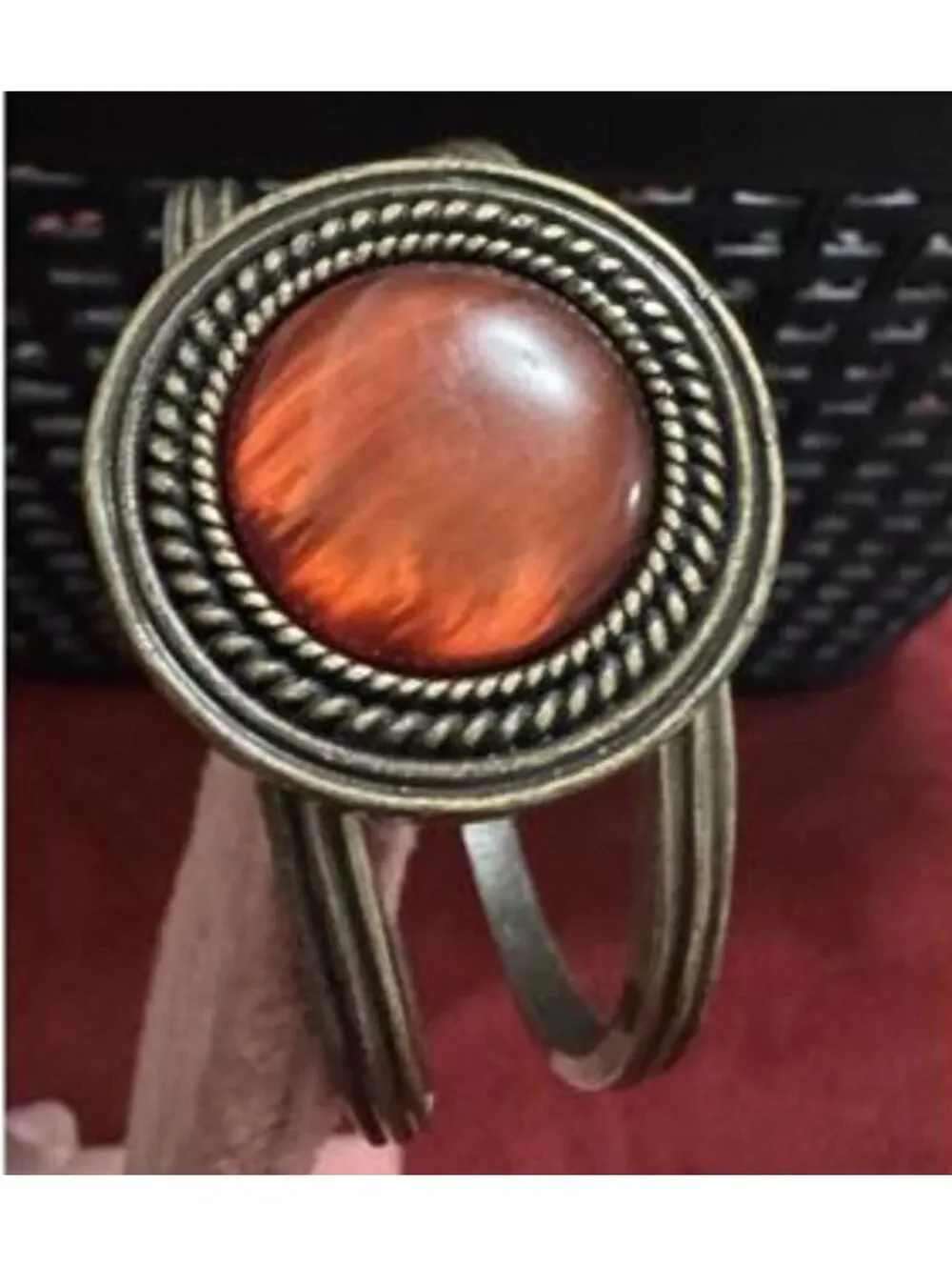 BRACELET Vintage Mediterranean Cut Brass Cuff Bracelet with Amber Center